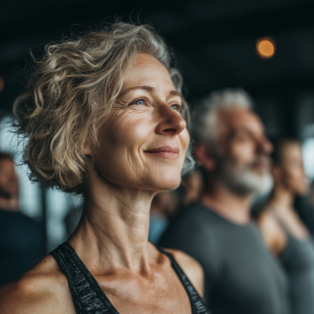 Група людей віком 50-60 років займається фітнесом в сучасному залі