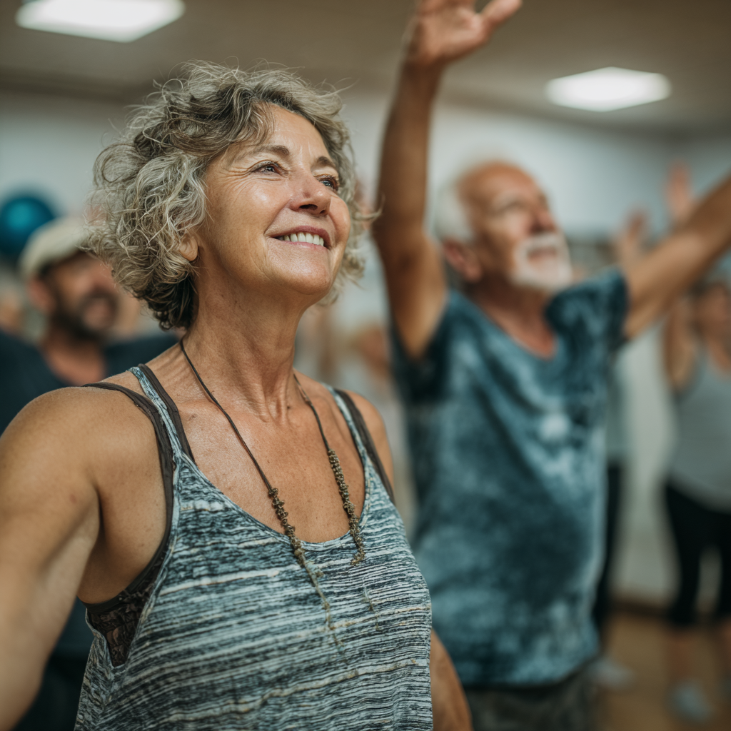 Тренер пояснює техніку виконання вправ групі людей 50-60 років