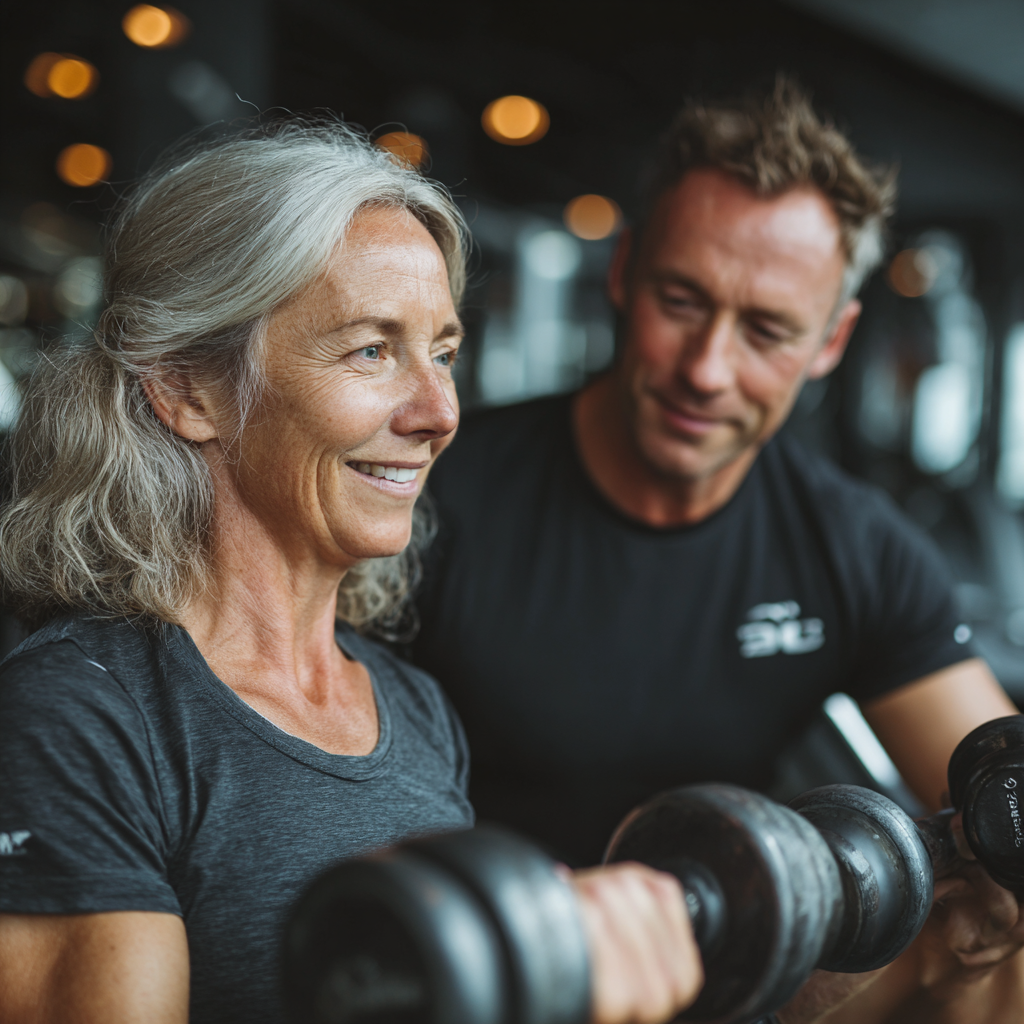 Досвідчений тренер працює індивідуально з клієнтом віком 55 років